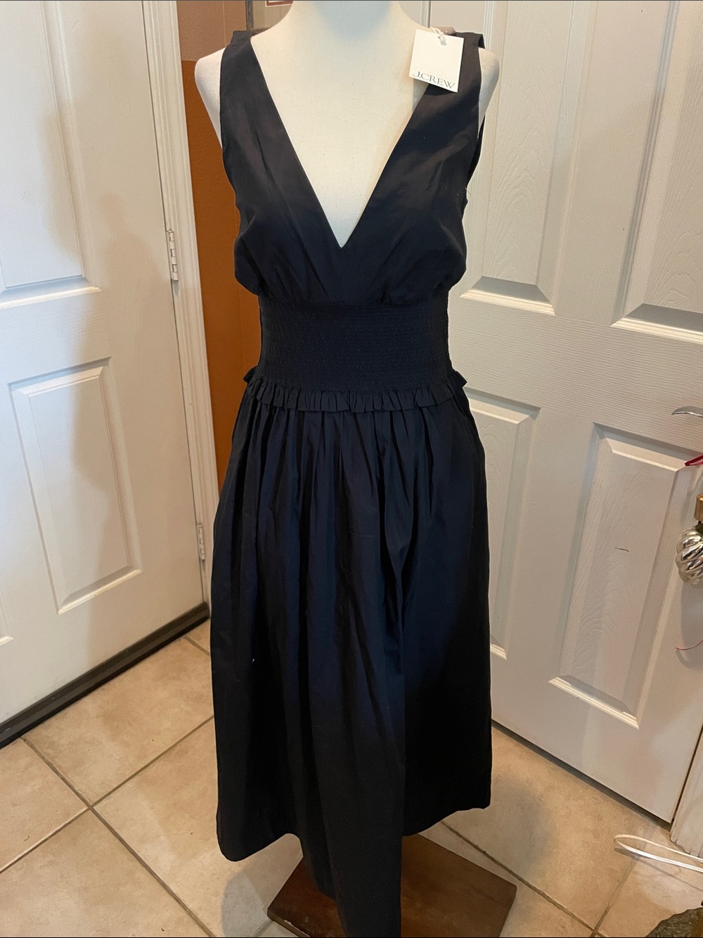 J. Crew Black V-Neck Smocked-Waist Midi Dress